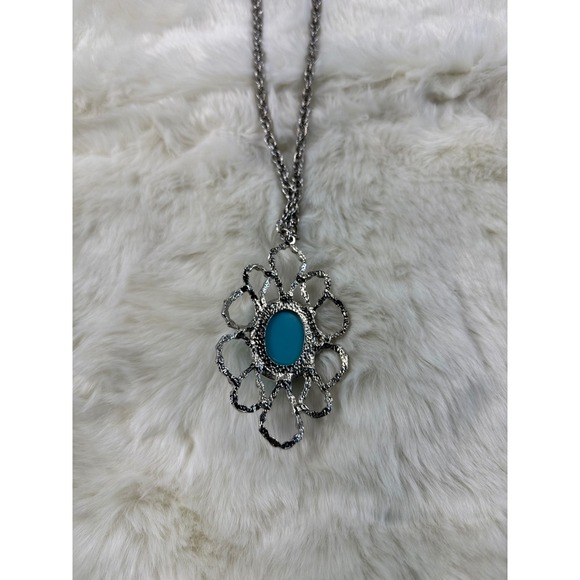 Silver vtg Tone Turquoise Oval Pendant Statement Necklace Women Fashion Jewelry - Picture 7 of 8